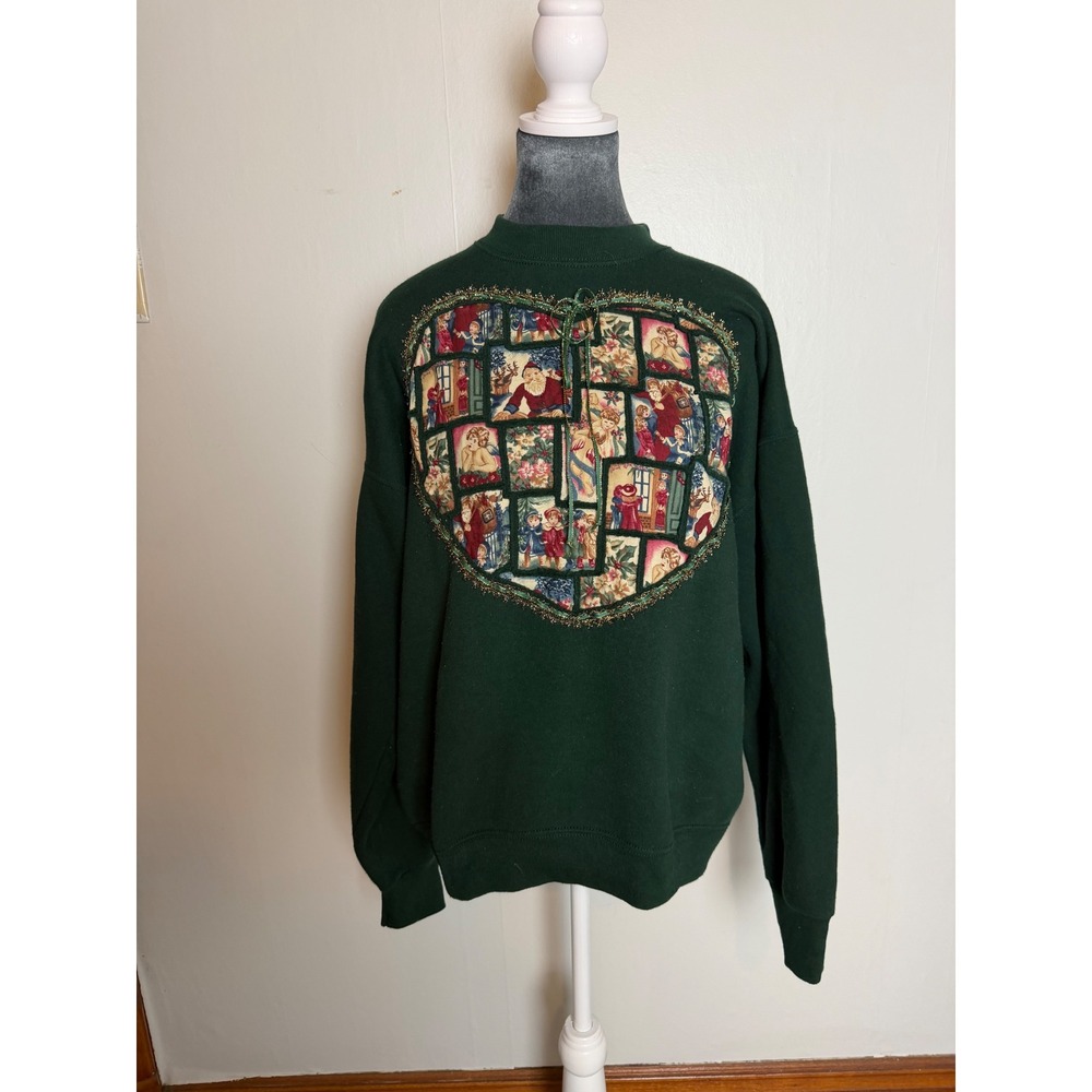 Vintage Christmas Heart Patch Sweatshirt Green holiday mock neck cottagecore XL